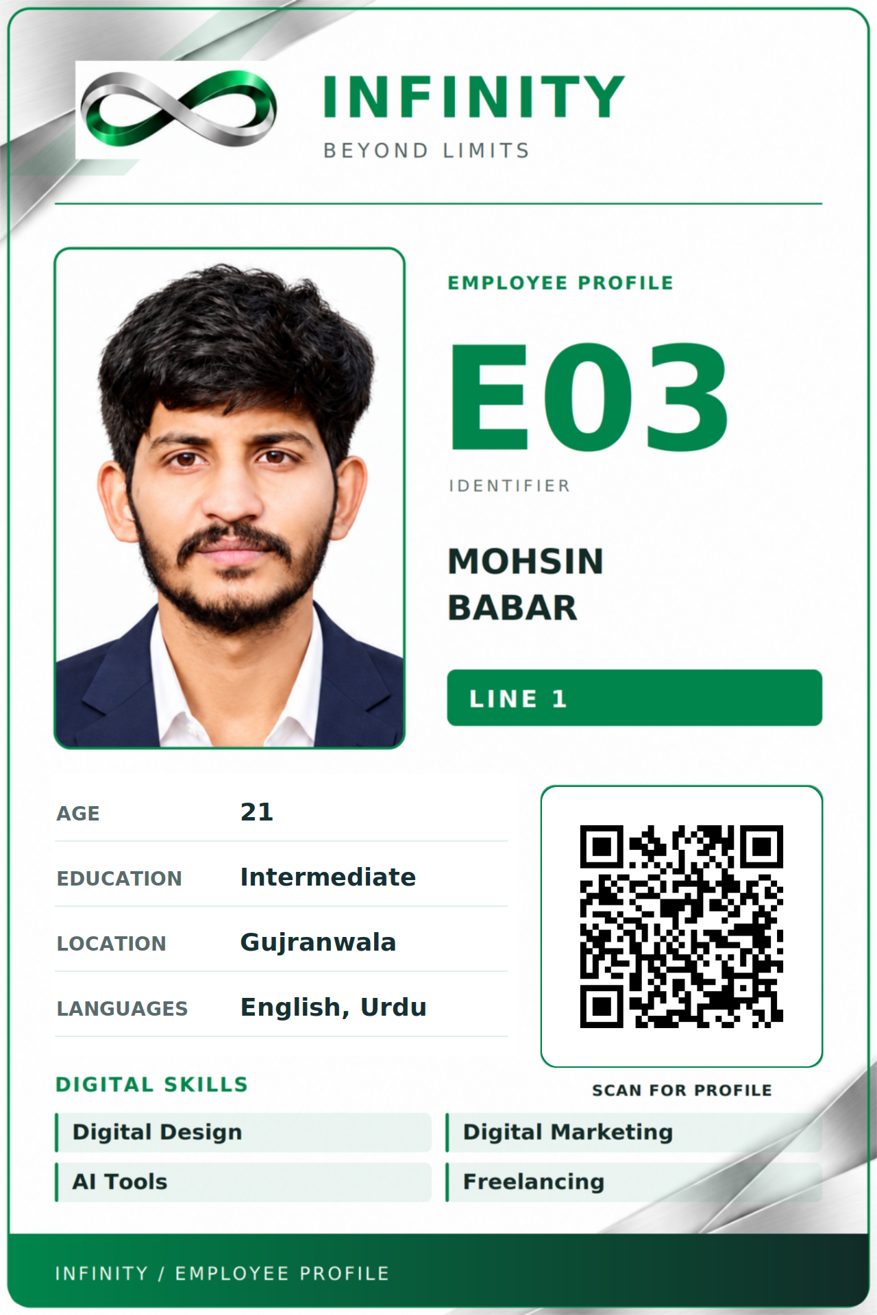 Front of INFINITY E03 employee card for Mohsin Babar